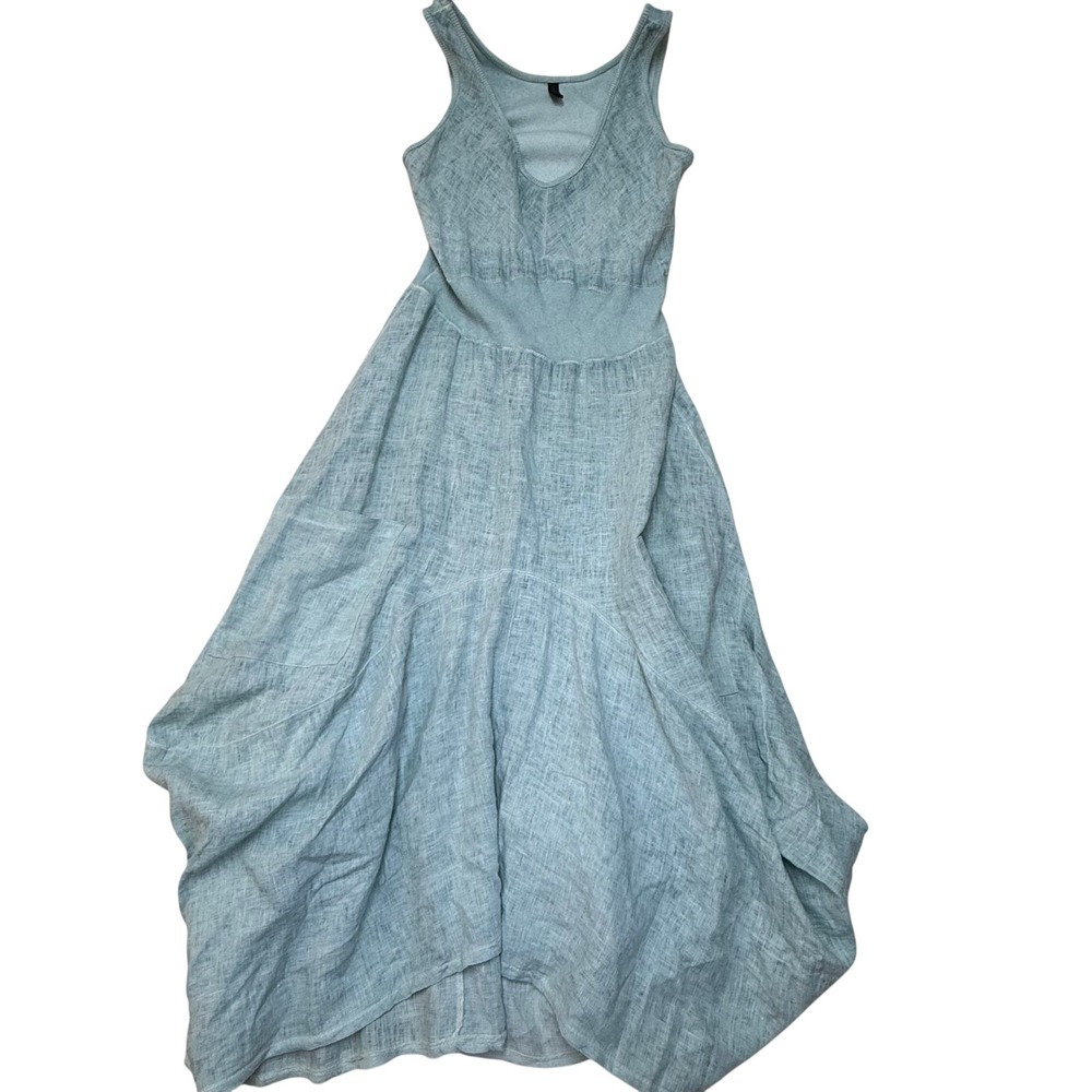 Inizio Italy Linen magic Lagenlook Maxi Dress Sage Green Sleeveless Pocket Large